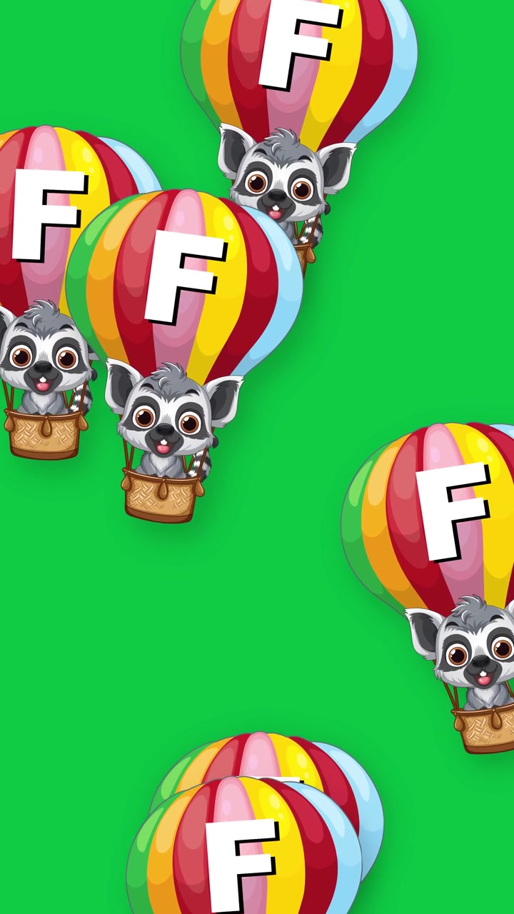 Simpatici lemuri animati in mongolfiere colorate cadono verticalmente su uno sfondo verde.