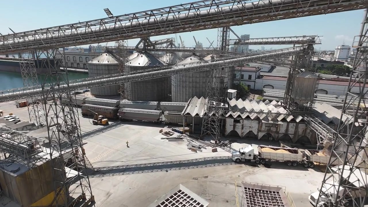 Grandi silos per lo stoccaggio di grano e sistemi di trasporto al Porto di Veracruz, Messico