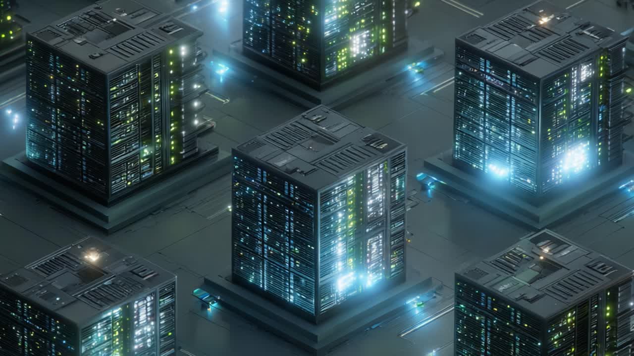 Futuristic Data Center with Neon Lights: Aerial View of High-Tech Server Racks and Data Processing Units Illuminated by Vibrant LEDs
