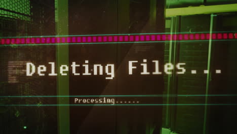 animation of deleting files, processing text on interface screen over computer server room