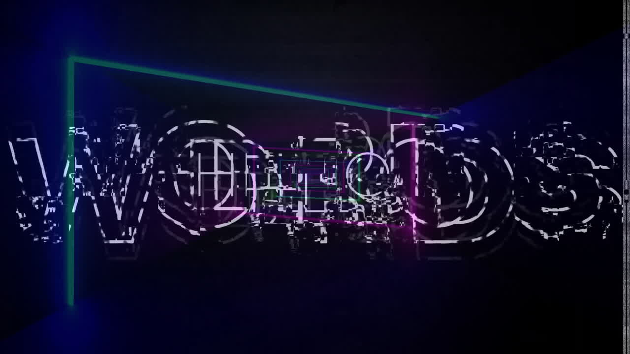 Animation of interference over hello text and neon shapes on black background