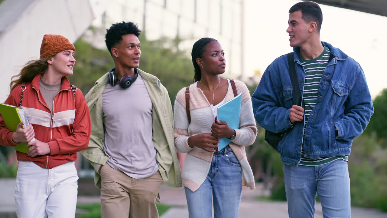Gruppo di studenti eterogenei che camminano e ridono