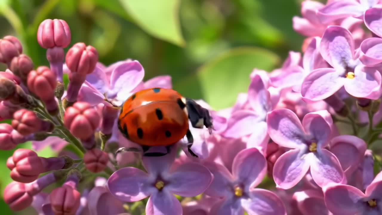 A vibrant ladybug explores the delicate lilac blossoms under a warm sun in a serene garden. The peaceful atmosphere showcases the beauty of nature in full bloom.