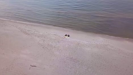 aerial shot of a family ralaxing on a sandy beach on a cloudy day. happy family on beach. family vacation.