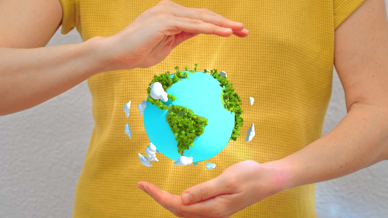 Hands Protecting a Rotating Green Earth with Clouds