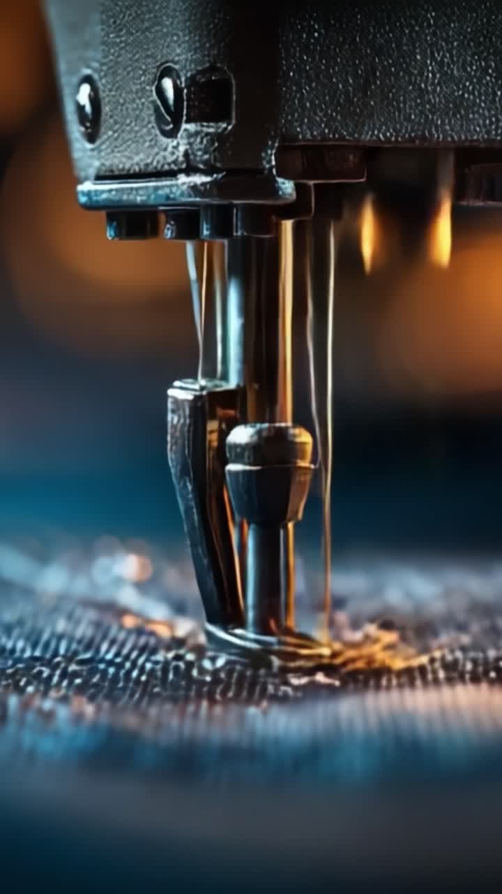 Close-up intrincado de máquina de costura: Capturando a precisão e a arte do artesanato têxtil durante o processo de costura em planos detalhe.