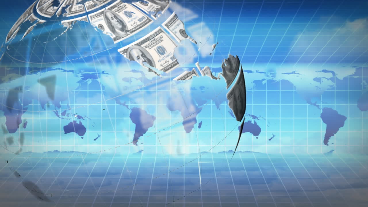 디지털 지구가 파란 하늘 배경에 회전하고 있습니다.