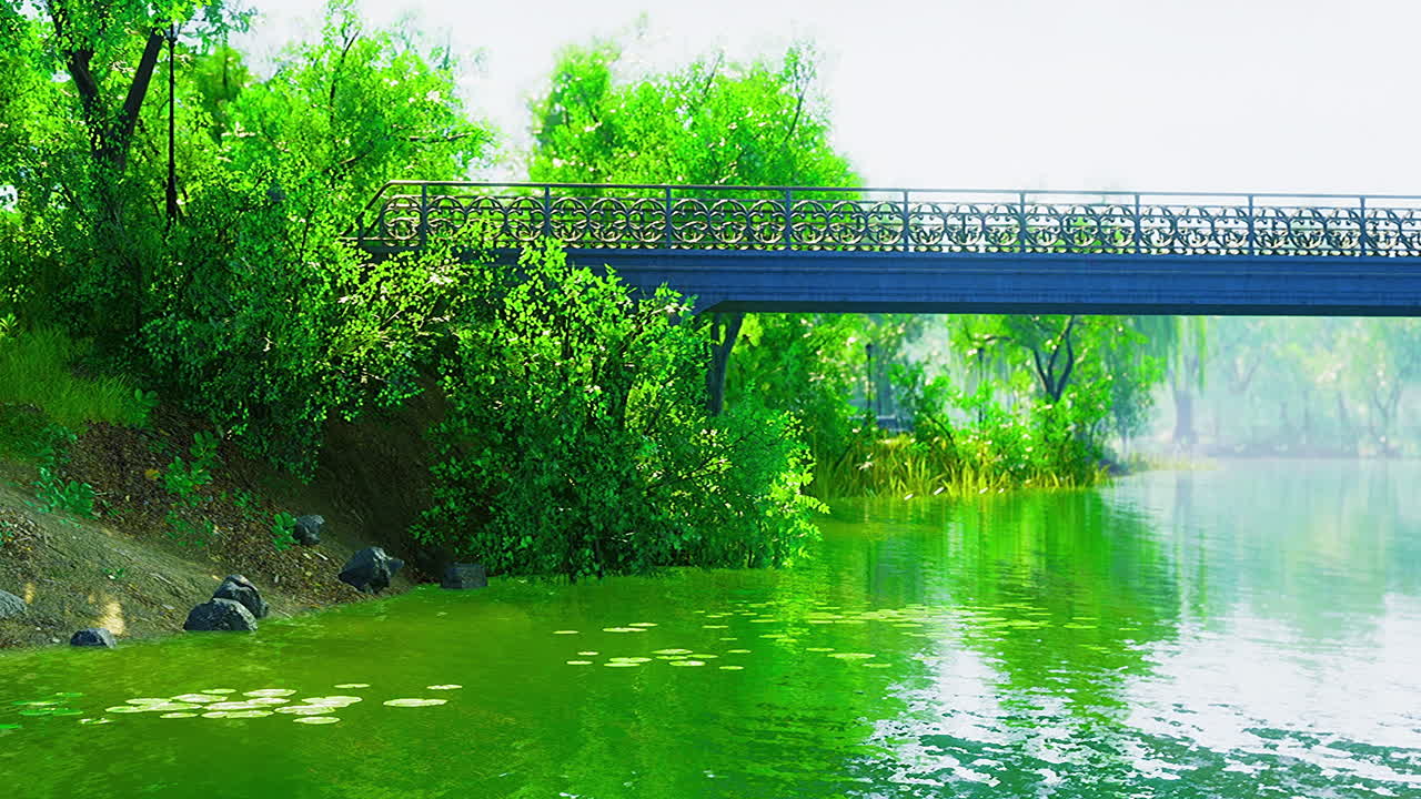 Lush green landscape with a serene park bridge reflecting in calm waters