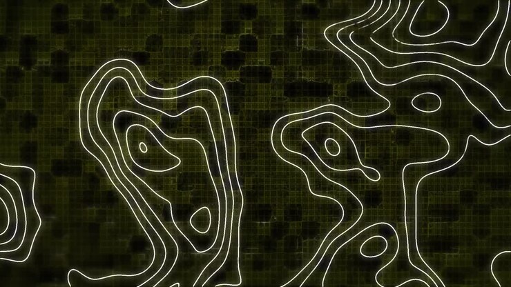 Animation of white contour lines moving over dark yellow digital grid on black background