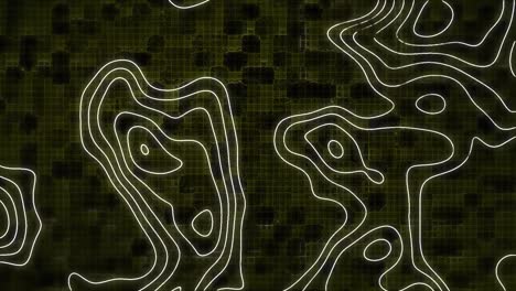 Animation-of-white-contour-lines-moving-over-dark-yellow-digital-grid-on-black-background