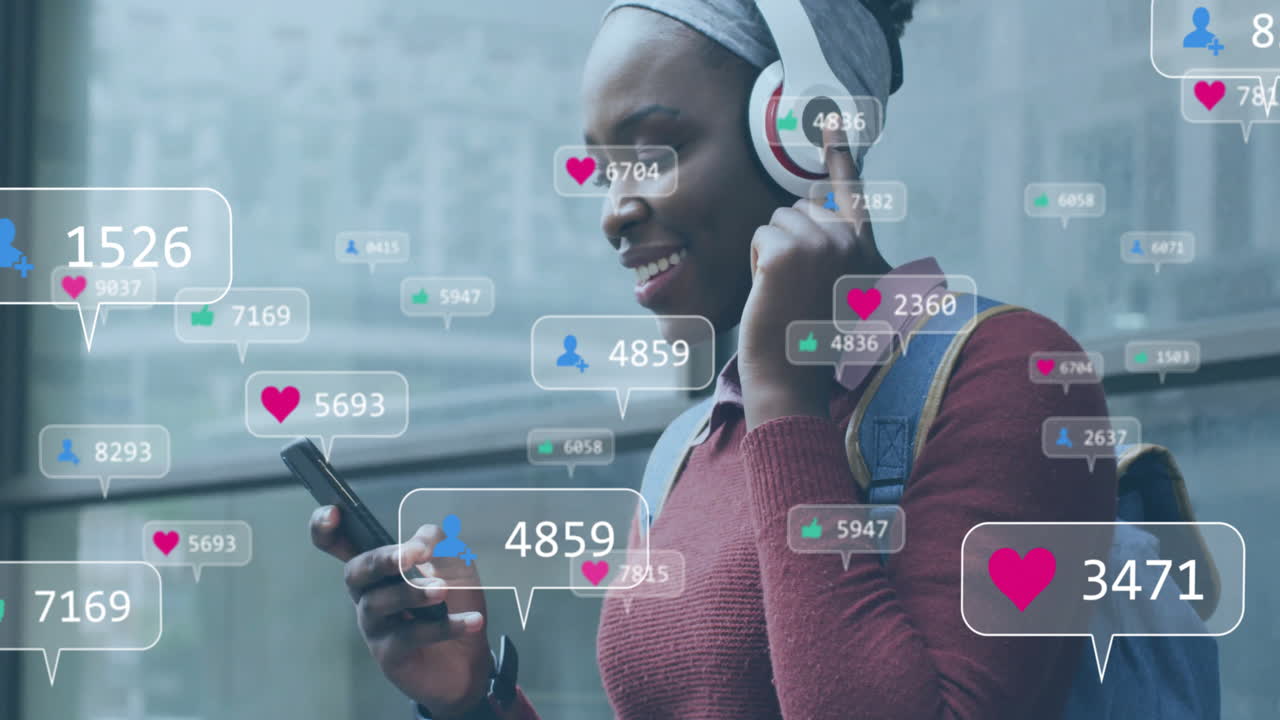 Animation of media icons over african american woman listening to music