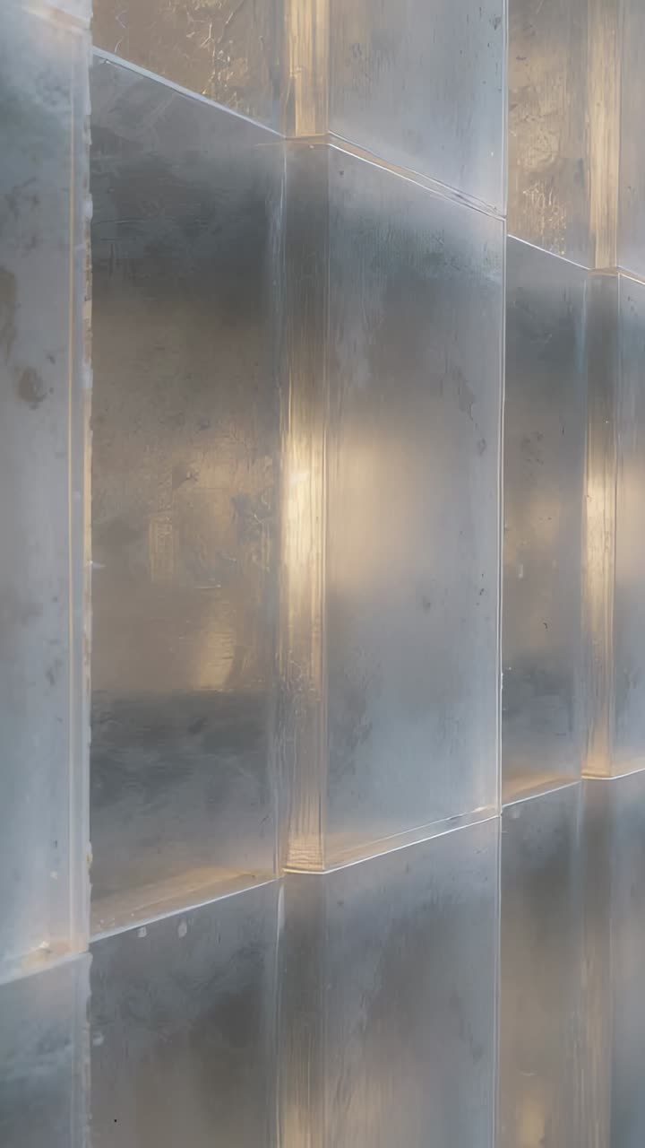 Vertical video: Panning camera in hall, revealing frosted glass blocks, grout, diffuse light, marks
