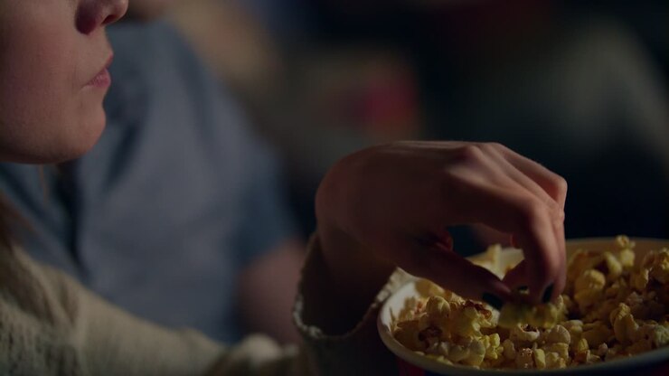 Ragazza che prende i popcorn da un secchiello di carta e li porta alla bocca. Una donna mangia popcorn al cinema.