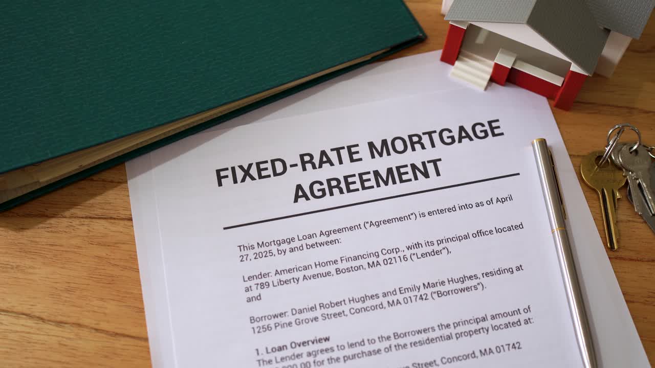 Fixed-rate mortgage agreement contract ready to sign. Concept of getting a loan with a fix interest rate.