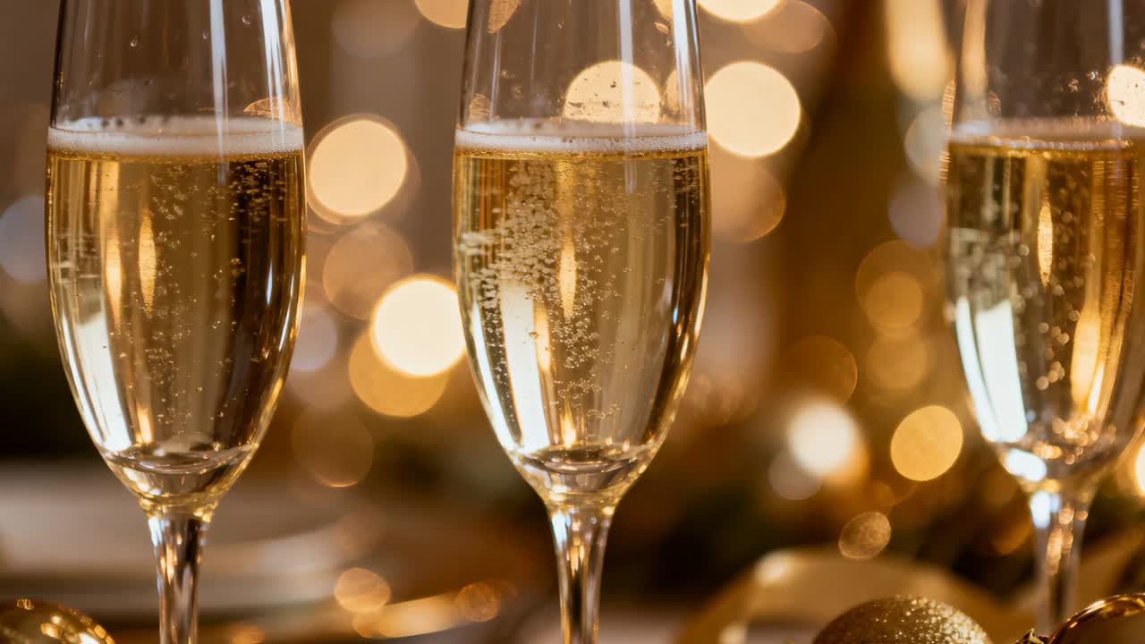 Bollore generato dalla carbonatazione, champagne che sale in tre flûte su un tavolo da festa, ornamenti dorati