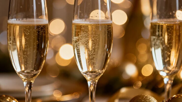 Bollore generato dalla carbonatazione, champagne che sale in tre flûte su un tavolo da festa, ornamenti dorati