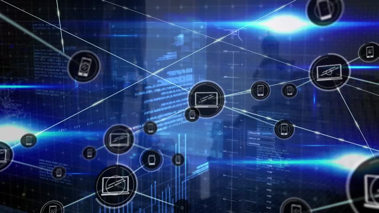 Animation of network of connections with icons over cityscape and data processing