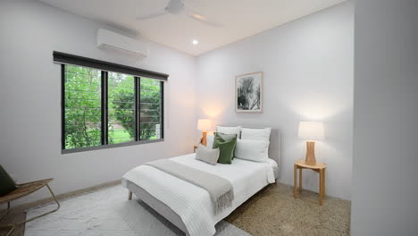 modern tropical bedroom with polished concrete and louver windows