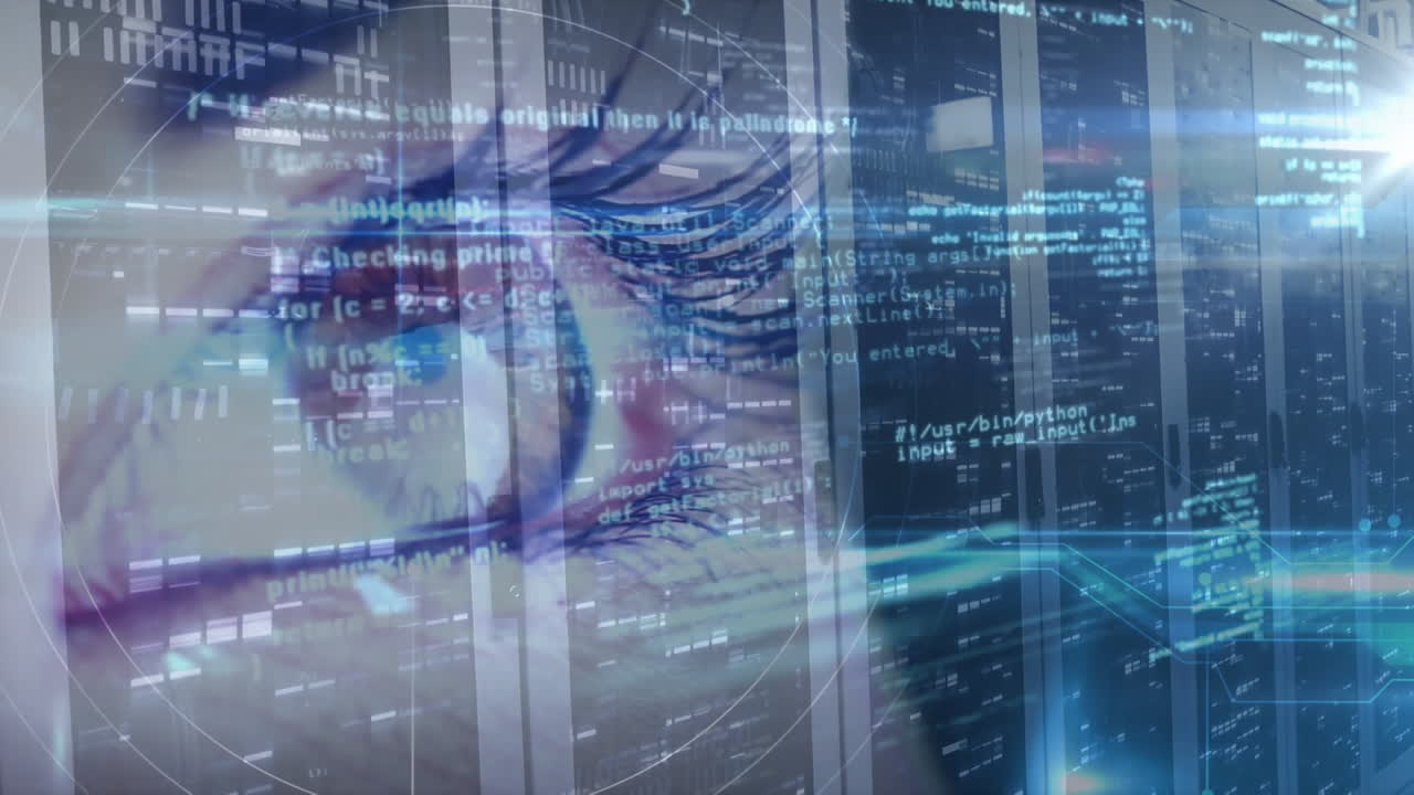animazione dell&#x27;occhio umano digitale in una sala server