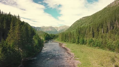 Forward-drone-shot-over-a-river-next-to-a-road-in-a-forest-and-gradually-crane-down