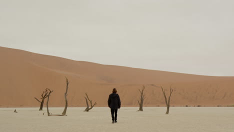 a white person walks through a desert