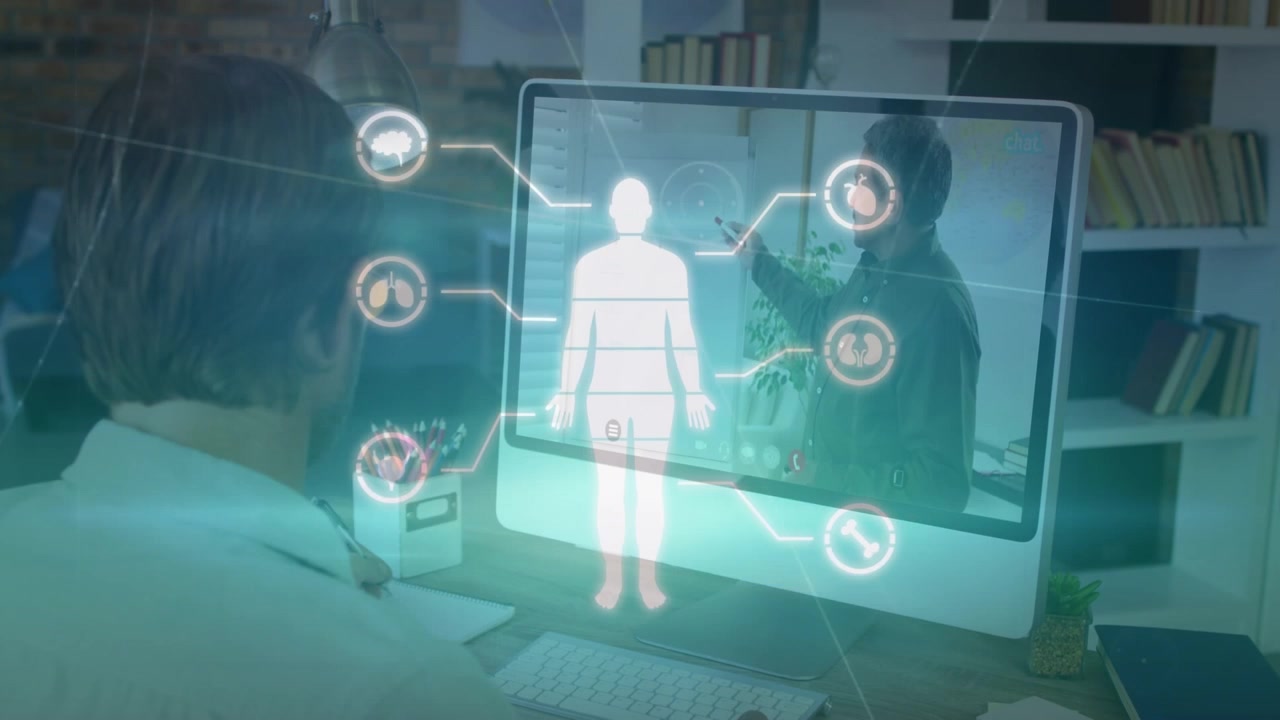 Animation of human silhouette over caucasian man having video call on laptop