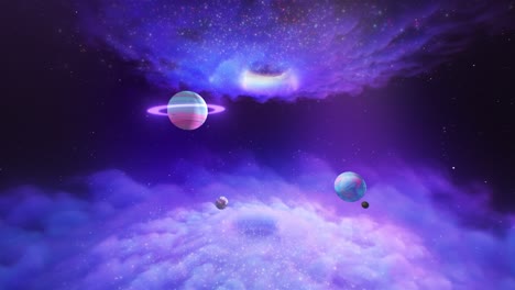 pastel purple pink nebula with kawaii planets