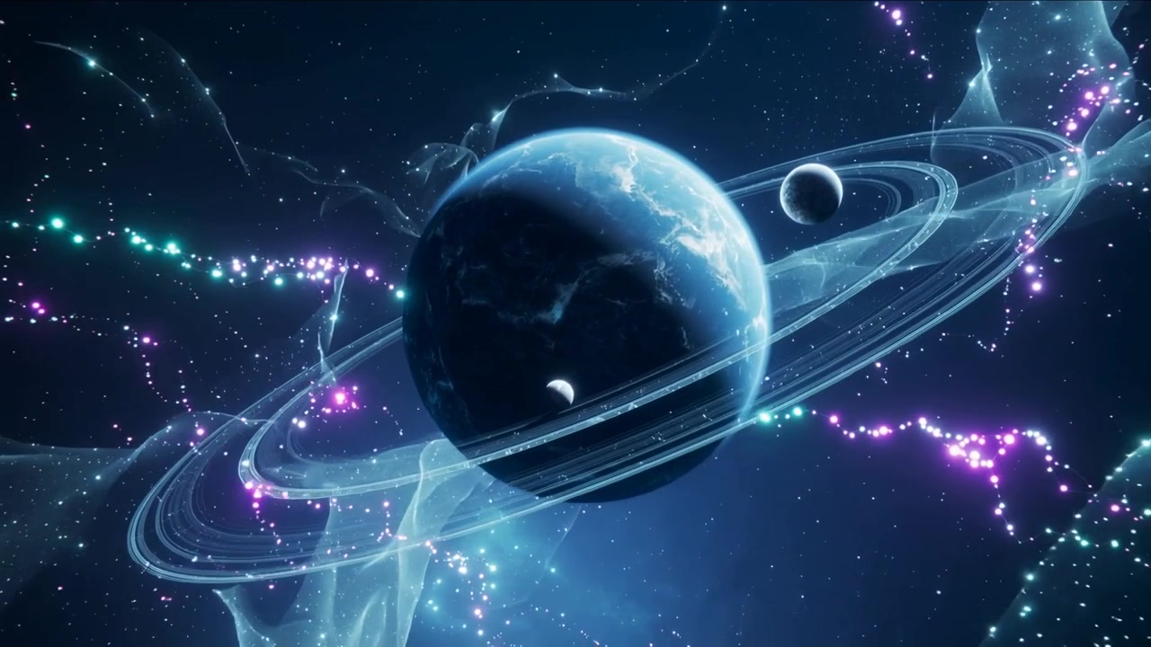 Inizio panoramica della telecamera, un mondo anellato che ruota, mostrando un lembo illuminato nello spazio con due lune, nastri e flussi.