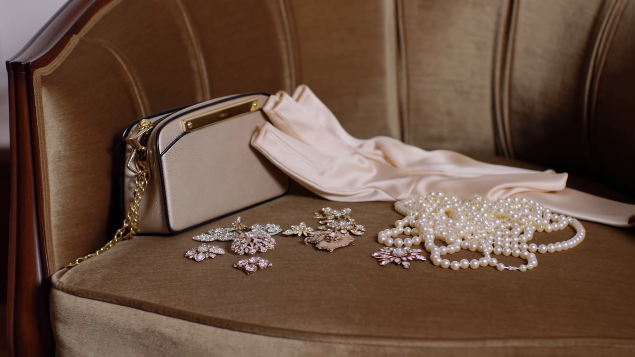 Vintage Purse Pearls And Satin Gloves Arranged On Brown Velvet Chair In Elegant Boudoir Setting, Closeup