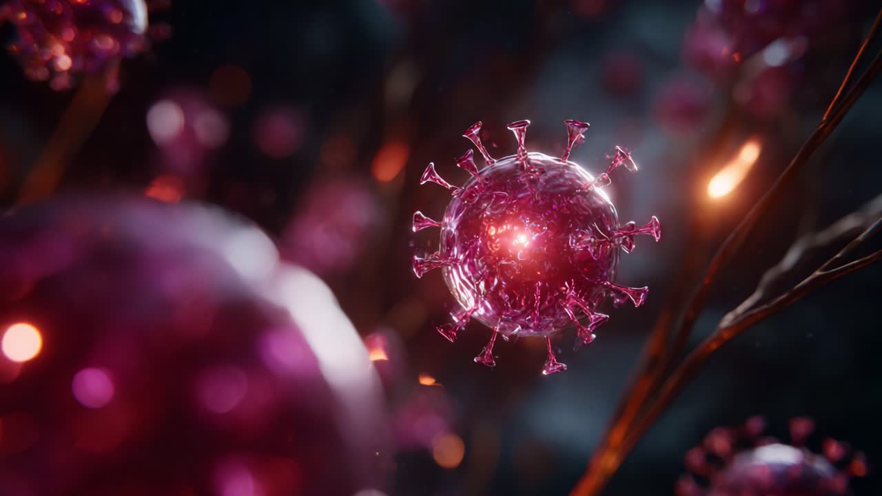 Visualización en primer plano de una célula de virus estilizada con detalles intrincados que reflejan la luz, resaltando su estructura y forma en un entorno oscuro