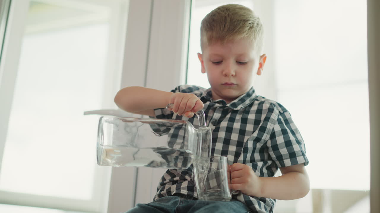 Kid wearing plaid shirt seated near window carefully turning water from glass jar in right hand into glass cup in left hand lifting cup to drink in bright daylight home interior with calm expression