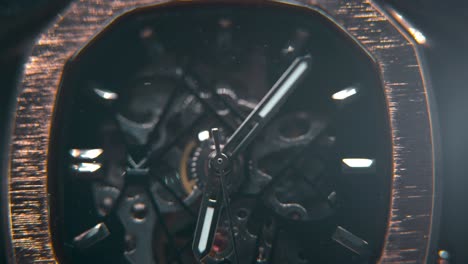 un macro slose-up shot de un reloj de mano mecánico, tecnología vintage, mecanismo retro, diseño de dios octogonal, iluminación de estudio cinematográfico, imágenes comerciales, detalles suaves video 4k, inclinación hacia abajo