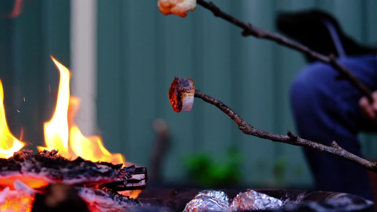 Grilling marshmallows on open wood fire