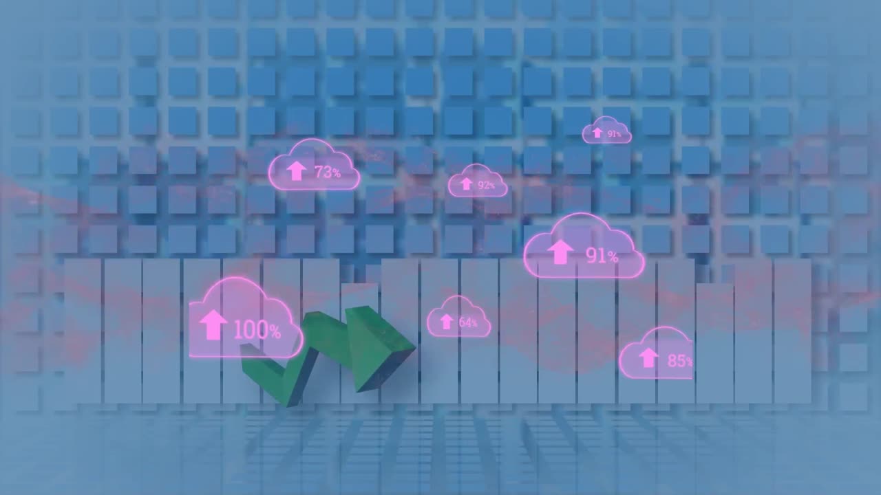 animación de nubes con números y gráficos sobre fondo azul