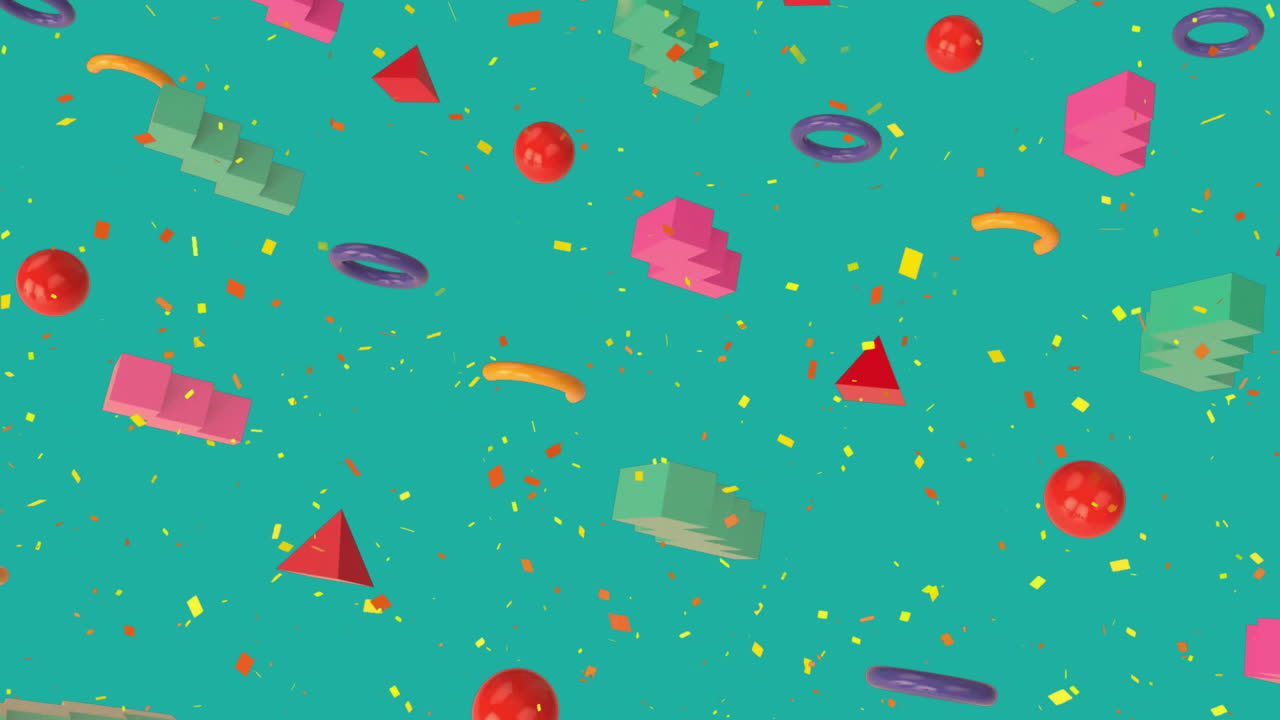 formas geométricas coloridas y confeti cayendo, animación festiva