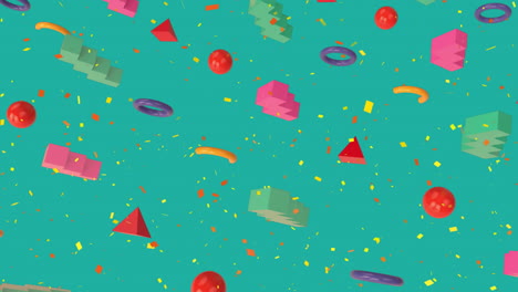 colorful geometric shapes and confetti falling, festive animation