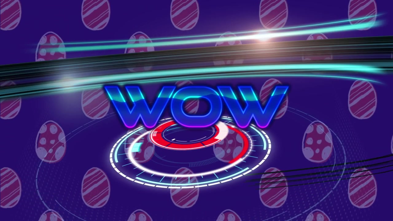 Animazione del testo "wow" su mirino in scansione e icone a uovo su sfondo blu