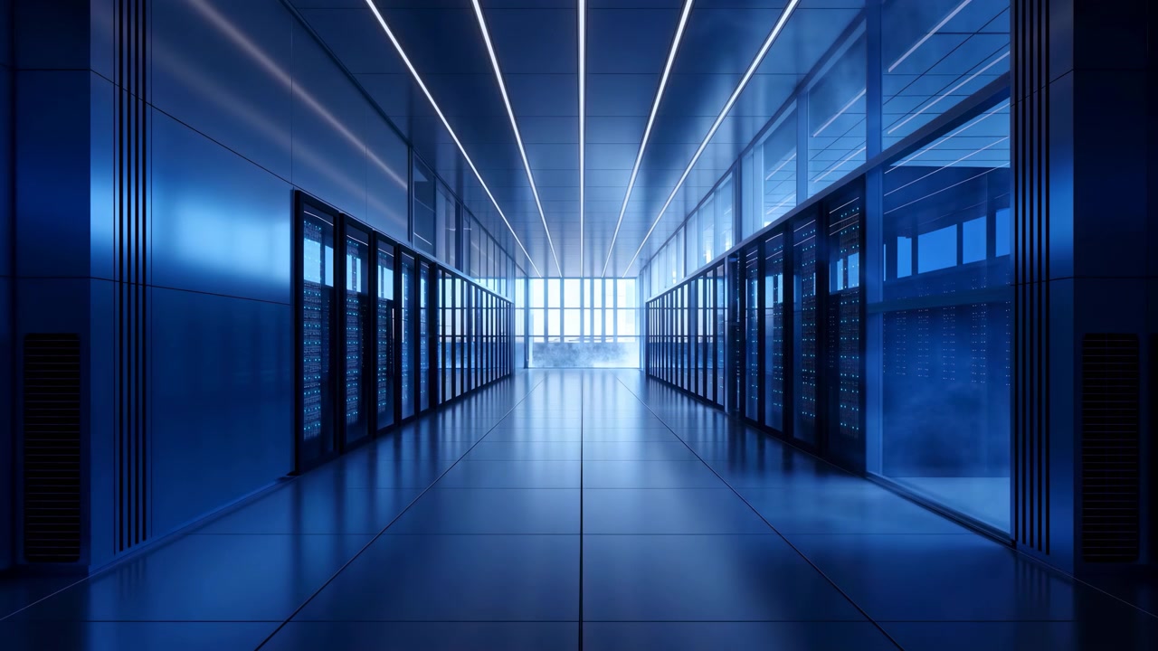 Rows of illuminated server cabinets remain still while pale mist gradually spreads from the right side across a glossy tiled aisle, emphasizing cool blue light, depth, and symmetry.