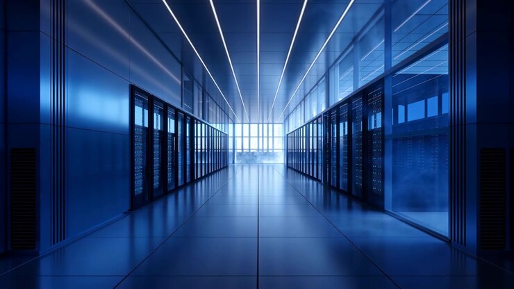 Rows of illuminated server cabinets remain still while pale mist gradually spreads from the right side across a glossy tiled aisle, emphasizing cool blue light, depth, and symmetry.