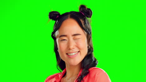 Asian-woman,-wink-and-face-with-green-screen