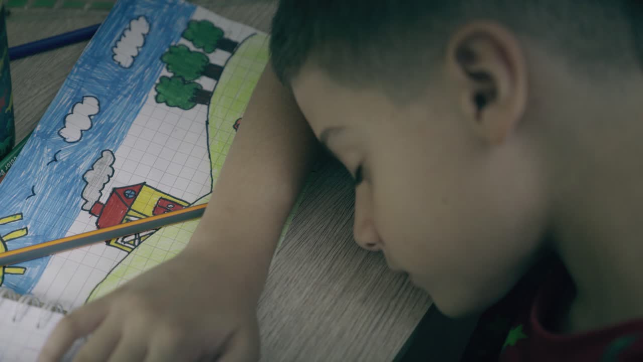 bambino stanco fa i compiti a casa di notte e dorme sulla scrivania