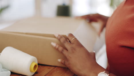 woman, hands and box in fashion for delivery