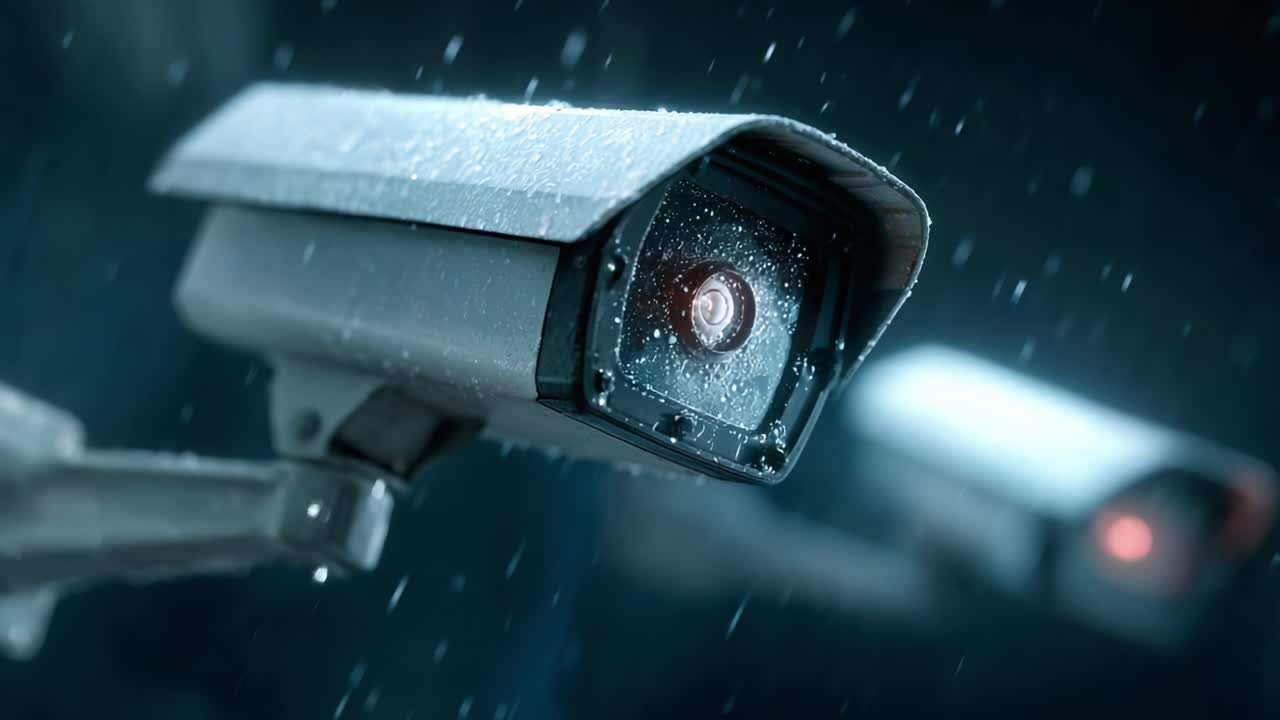 High-Definition Surveillance Cameras in Rain During Night, Capturing Security and Monitoring Activities with Focus on Detail and Clarity