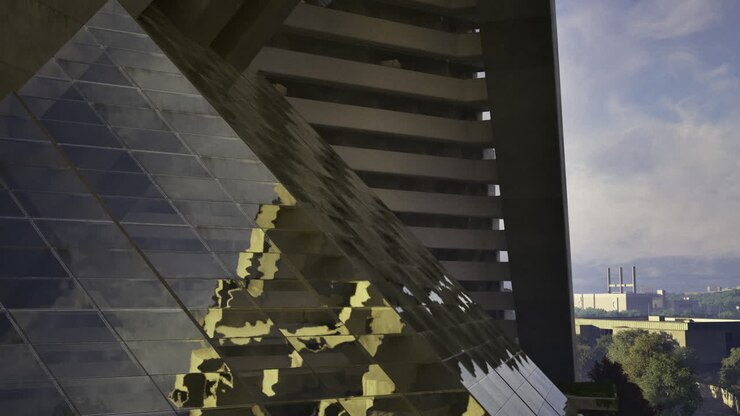 L'architettura moderna mostra una piramide di vetro sullo skyline urbano al crepuscolo