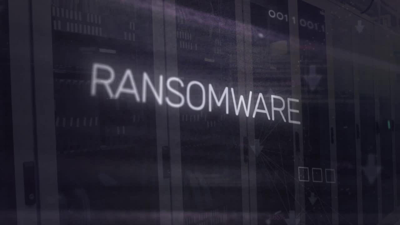 Animation of ransomware text in circuit board pattern, binary codes over server room