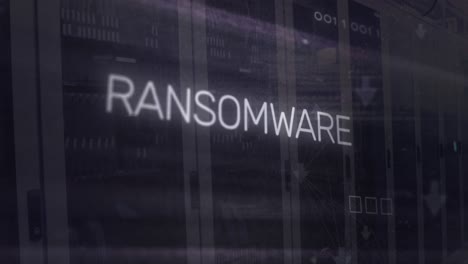 Animation-of-ransomware-text-in-circuit-board-pattern,-binary-codes-over-server-room
