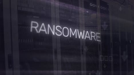 animación del texto del ransomware en el patrón de la placa de circuitos, códigos binarios en la sala del servidor