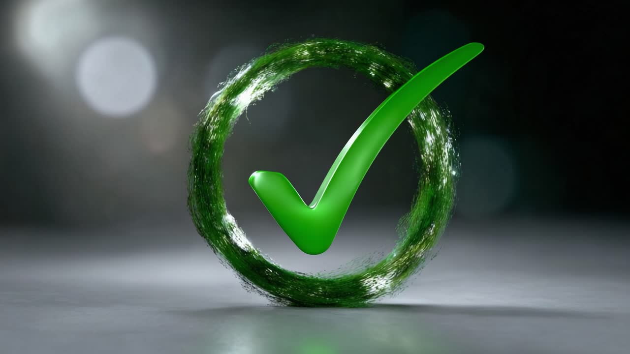 Shiny 3D Green Check Mark Inside a Circular Glow Signifying Approval or Success on a Blurred Background with Soft Light Accents and Minimalist Design