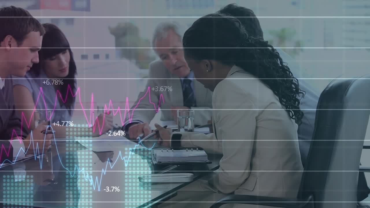 Animation of statistical data processing over diverse businesspeople discussing together at office
