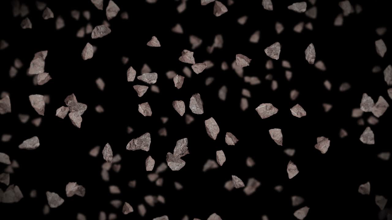 검은 바탕에 많은 바위 돌을 날아. 깨진 스플래시 폭발. 도전 개념. 돌 스플래쉬 회전의 3d 애니메이션. 루프 애니메이션.
